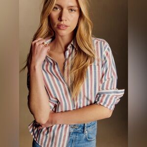 Sezane Max Shirt - blue / ecru / burgundy stripes - size 46 / 14